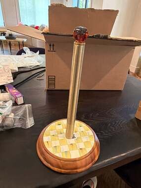 MacKenzie-Childs Parchment Check Wood Paper Towel Holder 14" NEW W/ Defect